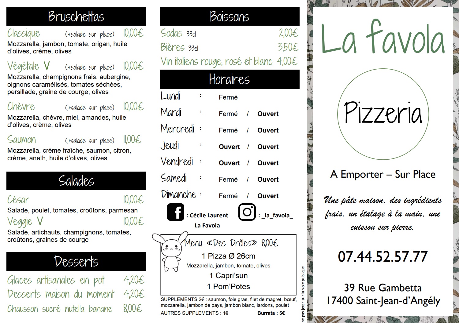 Menu La Favola - Recto